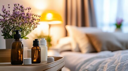 Sleep aid products neatly arranged on a bedside table, promoting relaxation and restful sleep for a peaceful night's slumber.