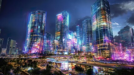 Obraz premium Vibrant cityscape at night, illuminated skyscrapers, city lights, dynamic energy.