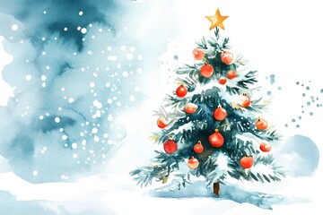Obraz premium A watercolor illustration of a christmas tree standing in snow