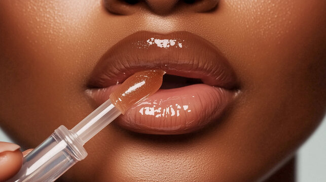 lip balm applicator touching a plumpy transparent glossy serum texture melting on a black woman lips