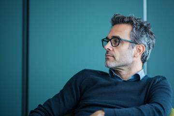 Obraz premium thoughtful businessman wearing glasses and sweater sits in modern office, gazing to side with calm expression. teal background adds professional and serene atmosphere