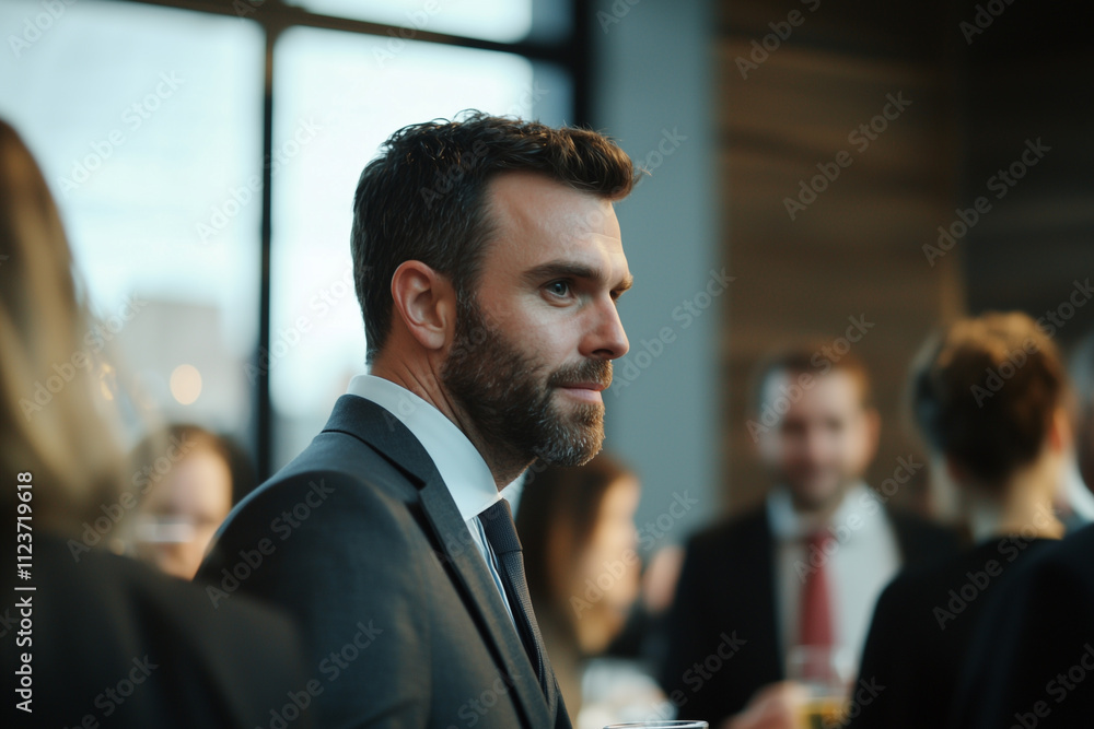 Aufkleber focused businessman in suit attends professional networking event, engaging with others in modern in