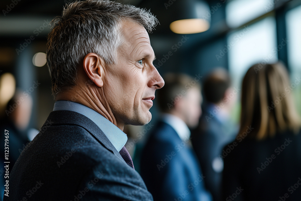 Poster side profile of businessman in networking session, with focused expression, surrounded by blurred figures in professional setting