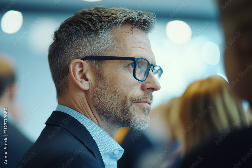 Poster side profile of businessman with glasses at networking event, surrounded by blurred crowd, exuding f