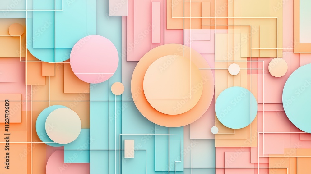 Poster a vibrant abstract design featuring overlapping geometric shapes in pastel colors, creating a modern