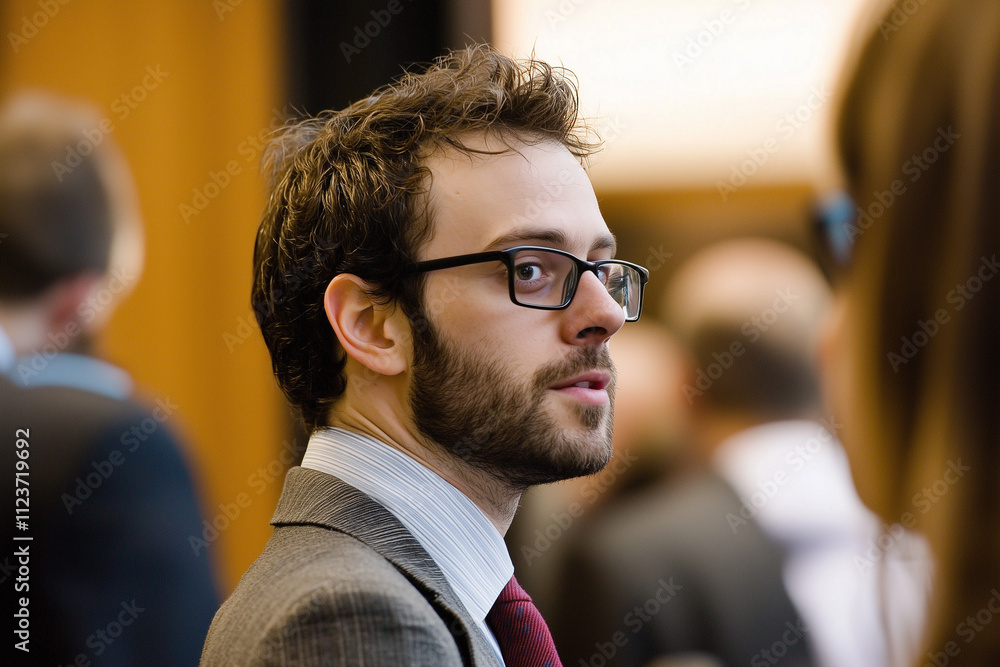 Aufkleber side profile of businessman wearing glasses and suit, engaged in networking session with blurred ind