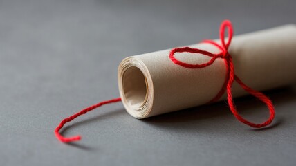 Rolled parchment with red string bow on gray background