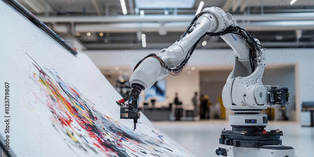 Poster robotic arm skillfully paints abstract artwork on large canvas in modern, well lit studio, showcasin