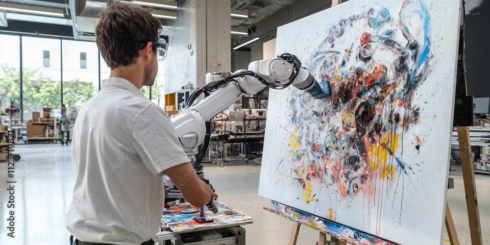 Poster robotic arm collaborates with artist to create abstract painting in modern studio, showcasing innova