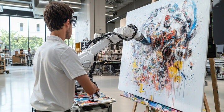 robotic arm collaborates with artist to create abstract painting in modern studio, showcasing innovation and creativity in art and technology