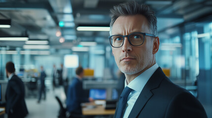 confident businessman wearing glasses stands in modern office with focused expression, surrounded by professional workspace and colleagues in background