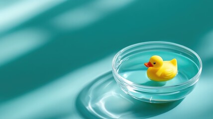 Yellow rubber duck floats in clear glass bowl filled with water