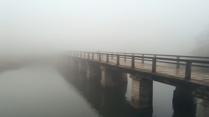 Obraz premium A quiet, fog-covered bridge crossing over a slow-moving river. The faint outline of a figure appears briefly in the mist.