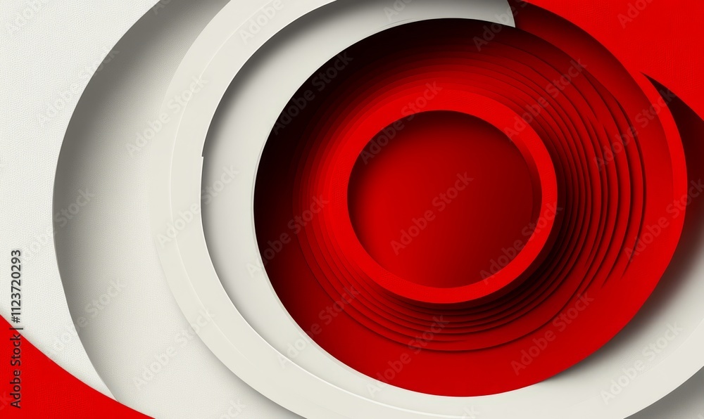 Poster a graphic design featuring a abstract circular paper layer texture, with a red geometric design and 