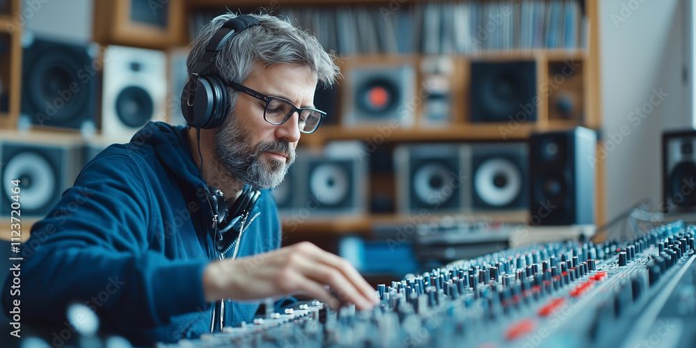 Aufkleber sound engineer wearing headphones adjusts audio levels on professional mixing console in studio fill