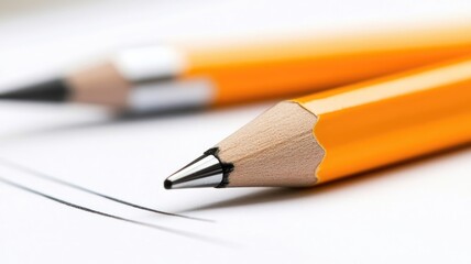 Naklejka premium Two sharpened yellow pencils on white paper, close-up