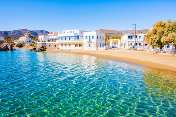 Amazing sandy beach in Motsouna village with mountains in background, Naxos island, Cyclades, Greece