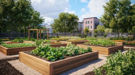 Obraz premium Vibrant community garden showcasing diverse vegetables in raised beds near urban area