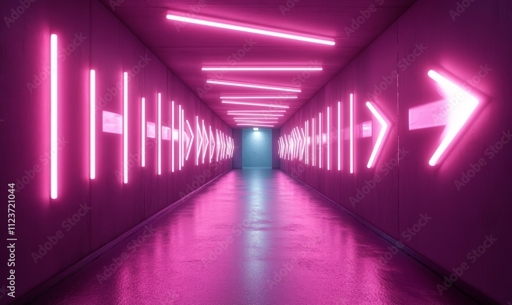 Aufkleber a hallway inside with neon arrows and ground reflections. a lifelike backdrop of a path with luminou