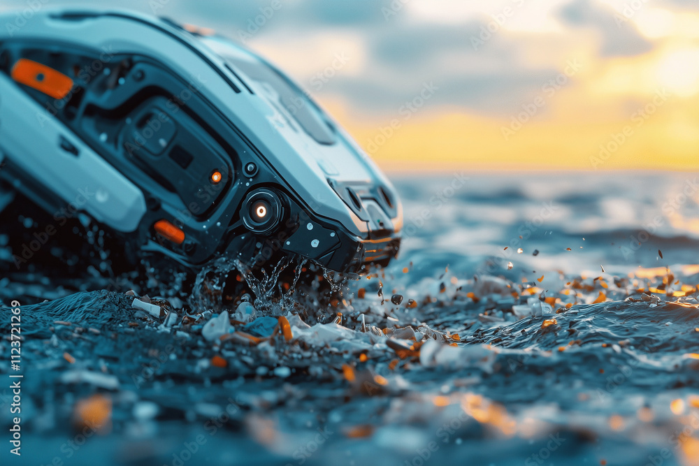 Aufkleber futuristic robotic device partially submerged in ocean water during vibrant sunset, showcasing advanced technology and dynamic interaction with environment