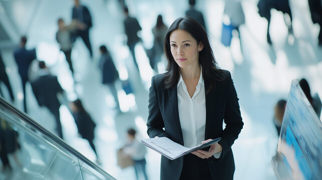 confident businesswoman in black suit holding documents stands on escalator in bustling airport, surrounded by blurred figures of travelers, exuding professionalism and focus