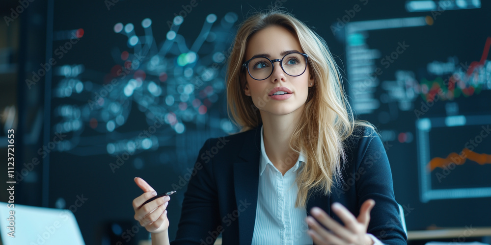 Poster confident businesswoman in modern office discusses data insights, with charts and graphs displayed o