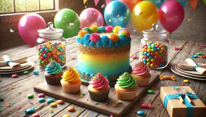 Fototapeta premium Colorful birthday cake and cupcakes celebrating with balloons and candy