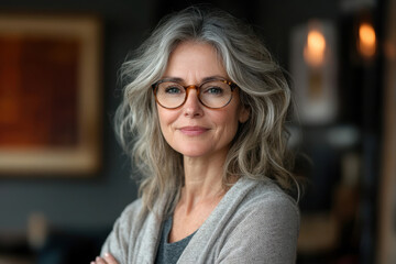 Portrait of smiling middle aged woman wearing eyeglasses at home. Attractive caucasian woman on blurred interior background. Generated AI
