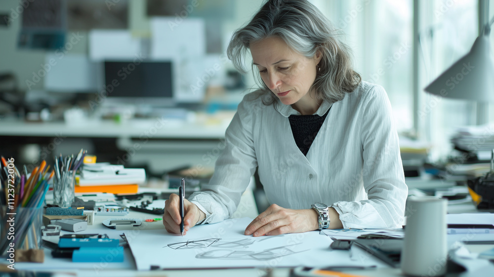 Poster focused woman working on architectural sketches in creative studio, surrounded by design tools and m