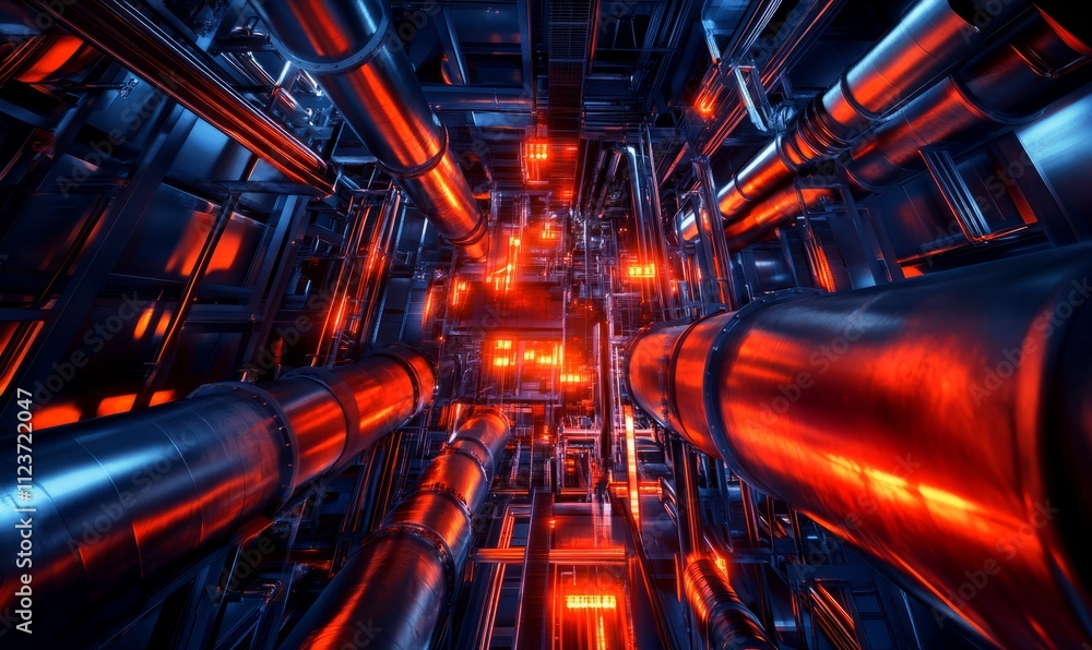 Poster a vibrant, abstract view of illuminated pipes and machinery, showcasing a complex network with pulsa