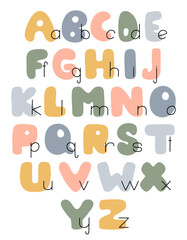 An educational poster with the English alphabet for the interior of a children's room. Hand-drawn font in pastel colors for learning the alphabet, poster design, cover, title. The original ABC.