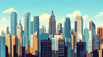 Obraz premium Vibrant cityscape skyline with skyscrapers under a bright sky.