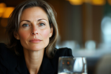 confident businesswoman with calm expression sits in restaurant, captured in close up, eye level angle. warm lighting and blurred background create professional yet relaxed atmosphere