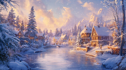 Fototapeta premium Picturesque Snowy Village with Cozy Houses and a Frozen Lake Surrounded by Snow-Covered Trees in Winter