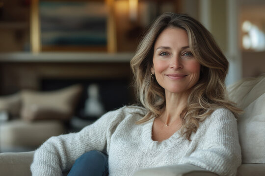 Portrait of smiling middle aged woman at home. Attractive caucasian woman on blurred interior background. Generated AI