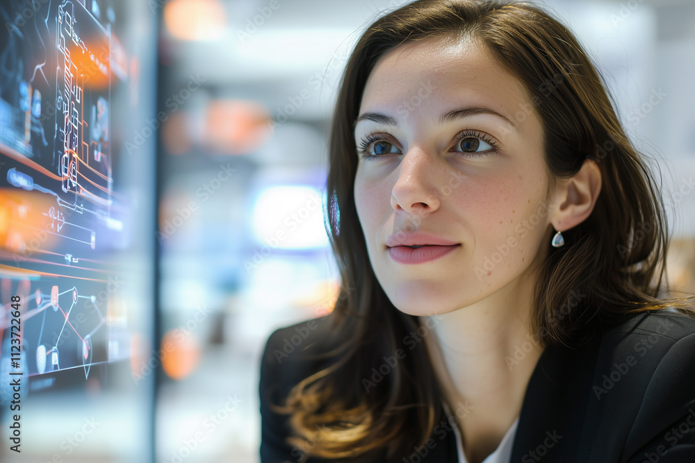 Poster focused businesswoman in tech showroom examines digital interface displaying futuristic data and dia