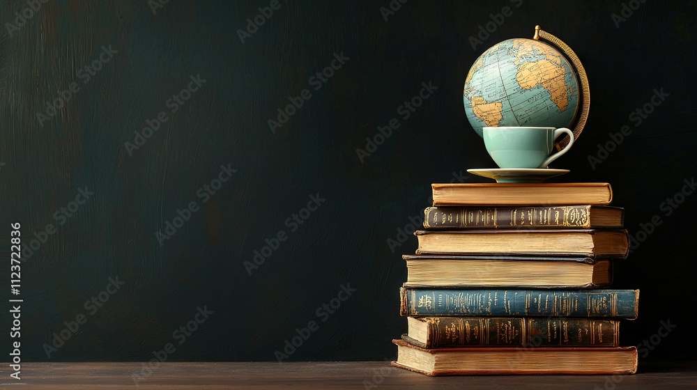 Poster a bookshelf with a coffee mug on top and a globe resting on one of the books