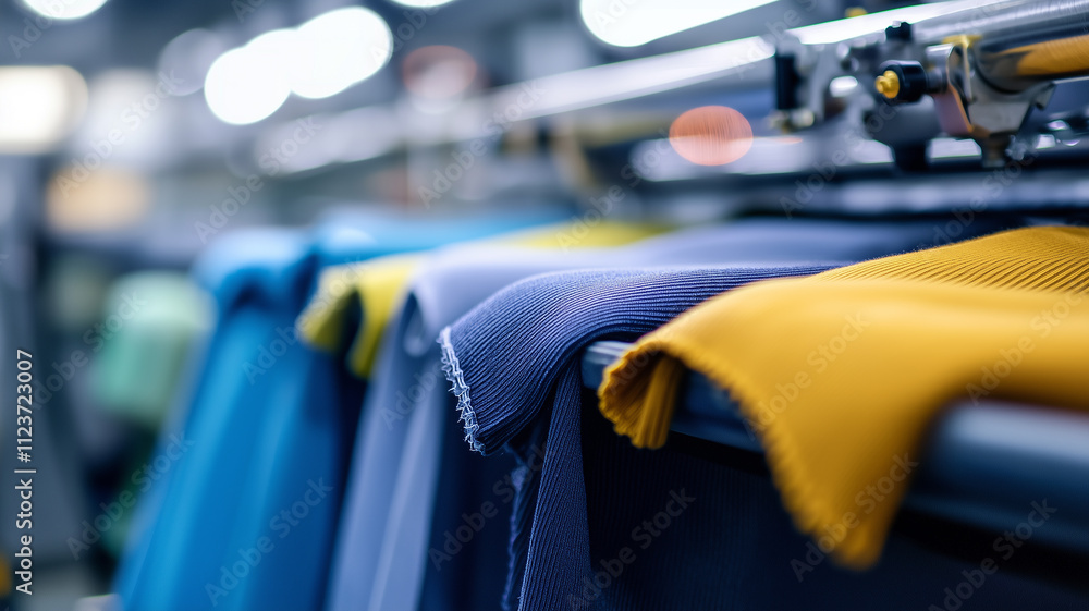 Poster close up of colorful fabric rolls on industrial textile machine in factory, showcasing precision and