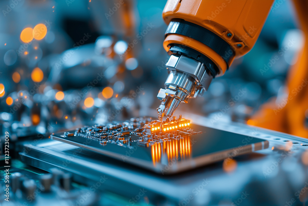 Poster robotic arm precisely assembles circuit board with glowing components, showcasing advanced technology and automation in electronics manufacturing