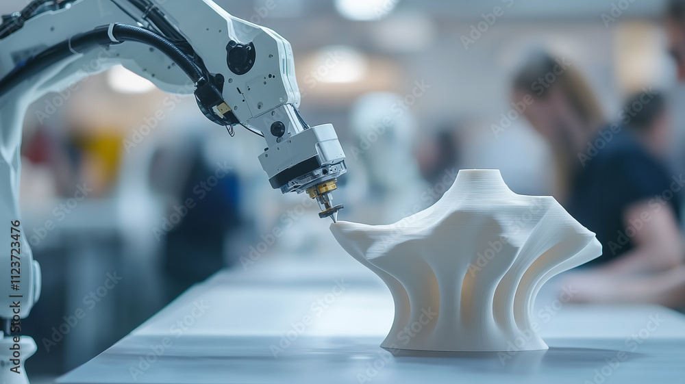 Aufkleber robotic arm precisely sculpts complex 3D printed object in modern workshop, showcasing advanced technology and innovation in manufacturing