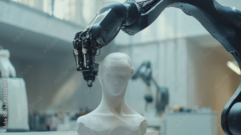 Aufkleber robotic arm intricately sculpts human head shaped statue in modern workshop, showcasing advanced tec