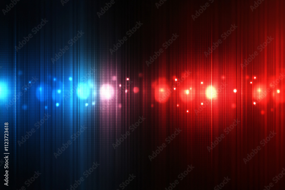 Poster glowing red and blue lights creating vertical streaks with sparkles on a dark background representin