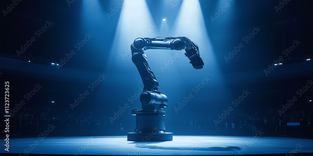 Poster robotic arm is showcased on circular platform under dramatic blue lighting, surrounded by audience i