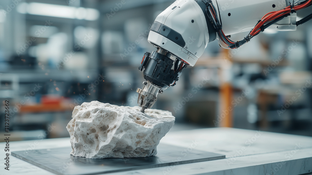 Poster robotic arm precisely sculpts stone block in modern industrial workshop, showcasing advanced technology and automation in manufacturing