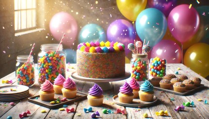 Fototapeta premium Delicious birthday cake and cupcakes celebrating with colorful candies and balloons