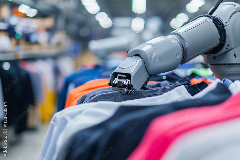 Poster robotic arm efficiently sorts colorful clothes in modern warehouse, showcasing advanced automation t