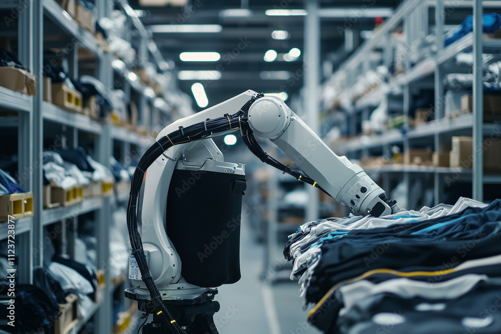 Poster robotic arm efficiently sorting clothes in modern warehouse, surrounded by shelves filled with folded garments, showcasing advanced automation in logistics and inventory management