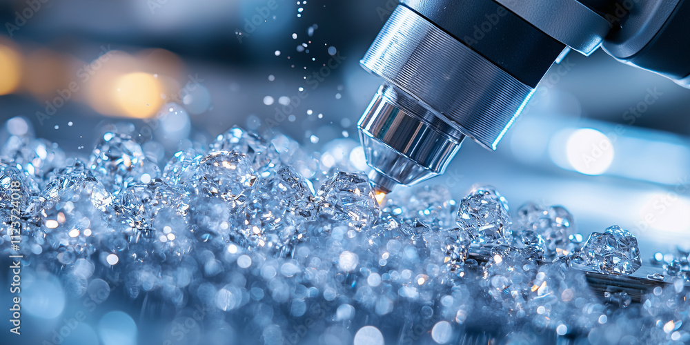 Poster close up view of precision microscope examining sparkling crystals, showcasing advanced technology and intricate details in laboratory setting