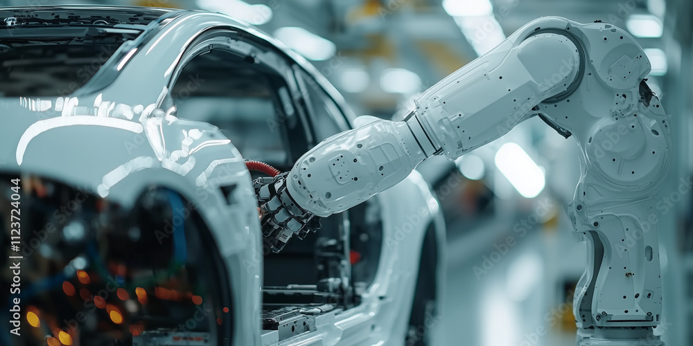 Aufkleber robotic arm assembles car in modern automotive factory, showcasing advanced automation and precision in manufacturing processes