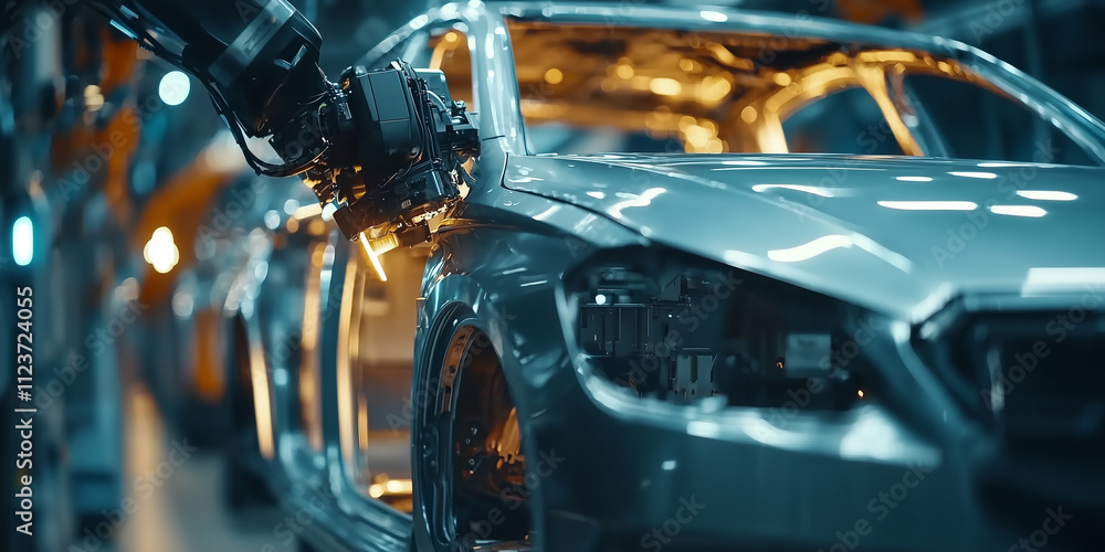 Poster robotic arm assembling car in advanced automotive factory, showcasing precision and efficiency in modern manufacturing technology